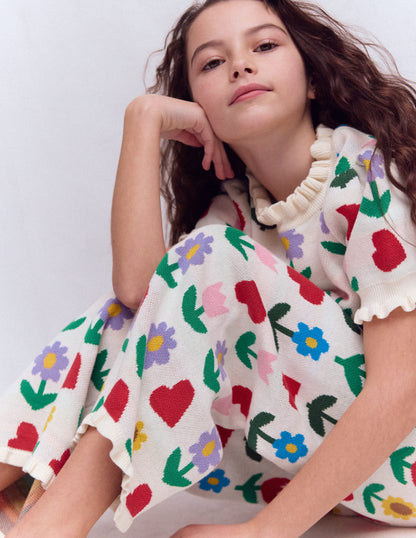 Flared Knitted Trousers-Ecru Marl Sunflower Garden-3