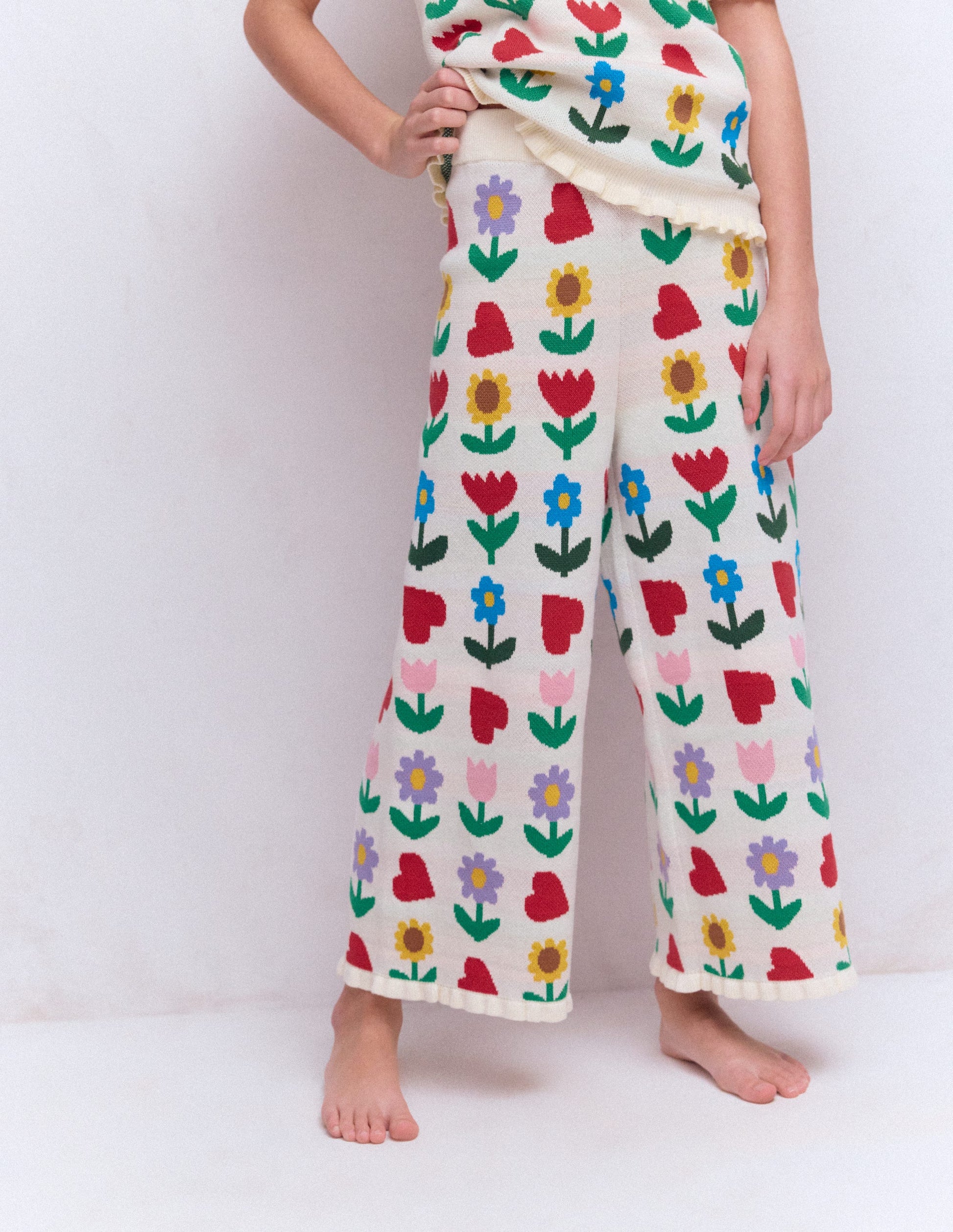 Flared Knitted Trousers-Ecru Marl Sunflower Garden-4