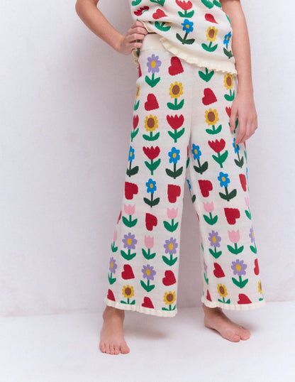 Flared Knitted Trousers-Ecru Marl Sunflower Garden-4