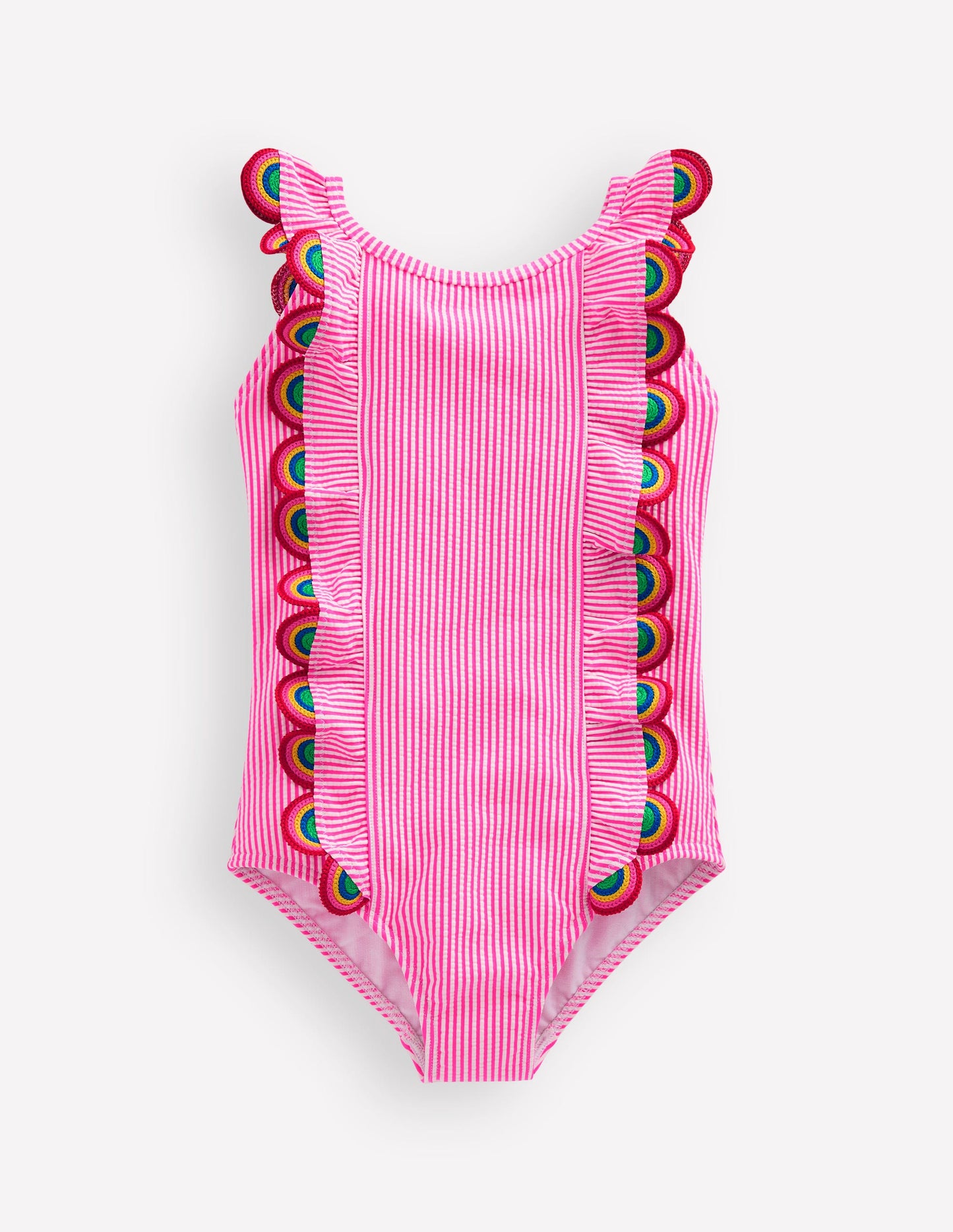 Flutter Trim Swimsuit-Ticking Stripe Rainbow
