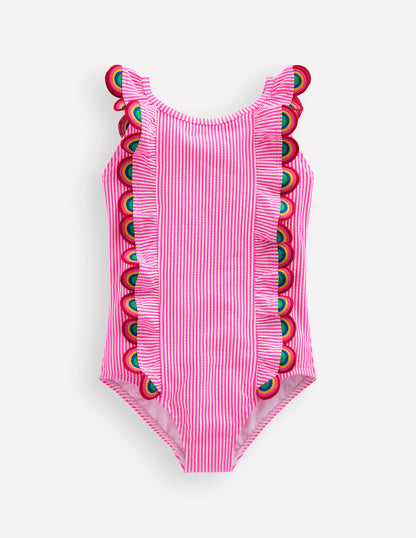Flutter Trim Swimsuit-Ticking Stripe Rainbow-1