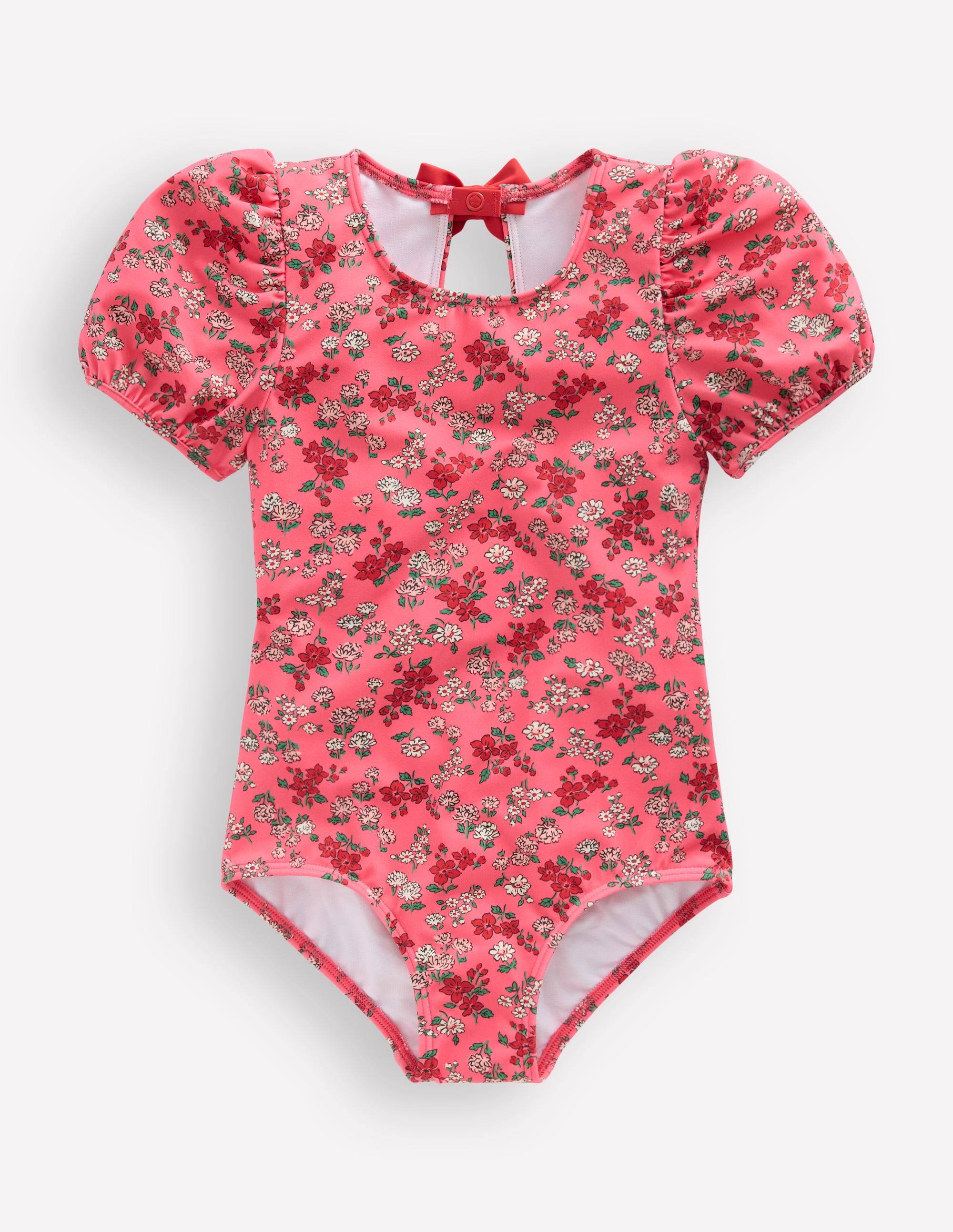 Puff Sleeve Swimsuit-Salmon Pink Meadow Floral - Image 1