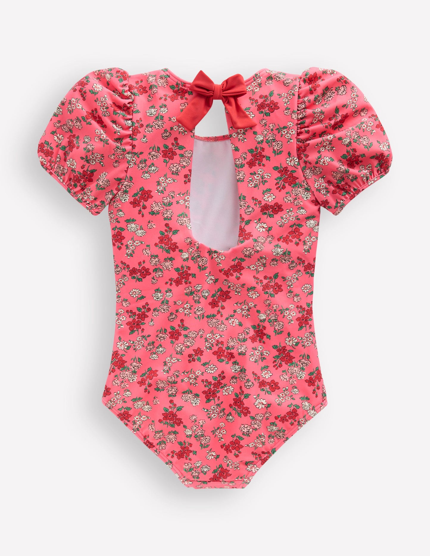 Puff Sleeve Swimsuit-Salmon Pink Meadow Floral