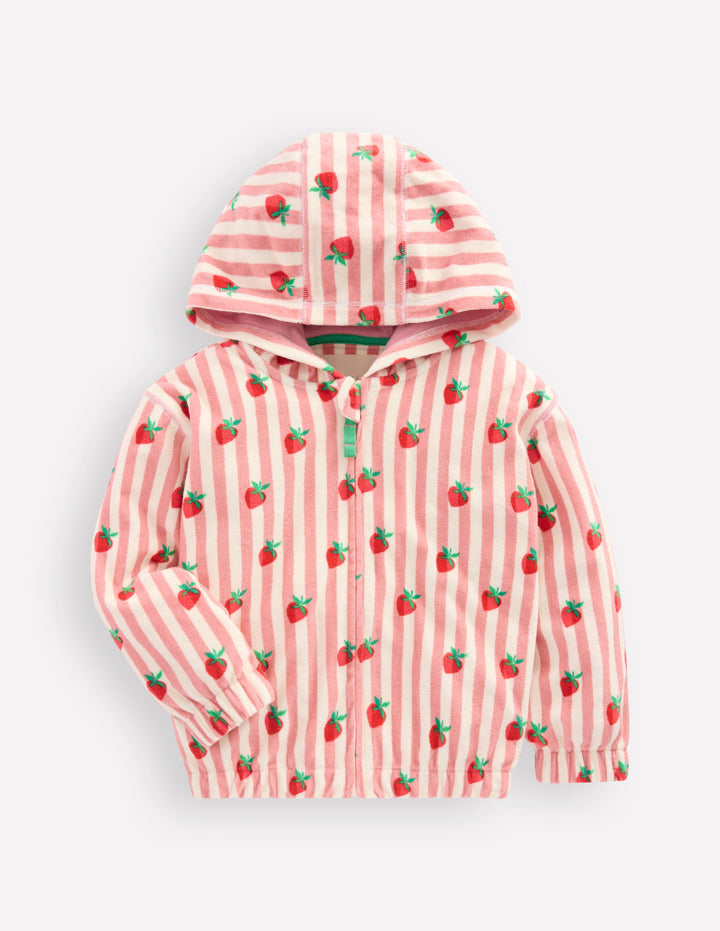 Relaxed Towelling Hoodie-Blush Strawberry Stripe