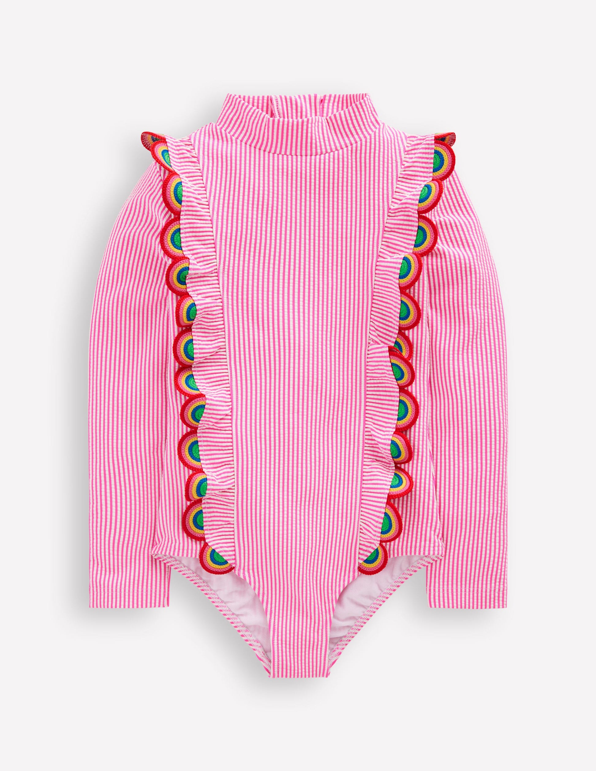 Long Sleeve Frill Swimsuit-Pink Glo Stripe Rainbow-1