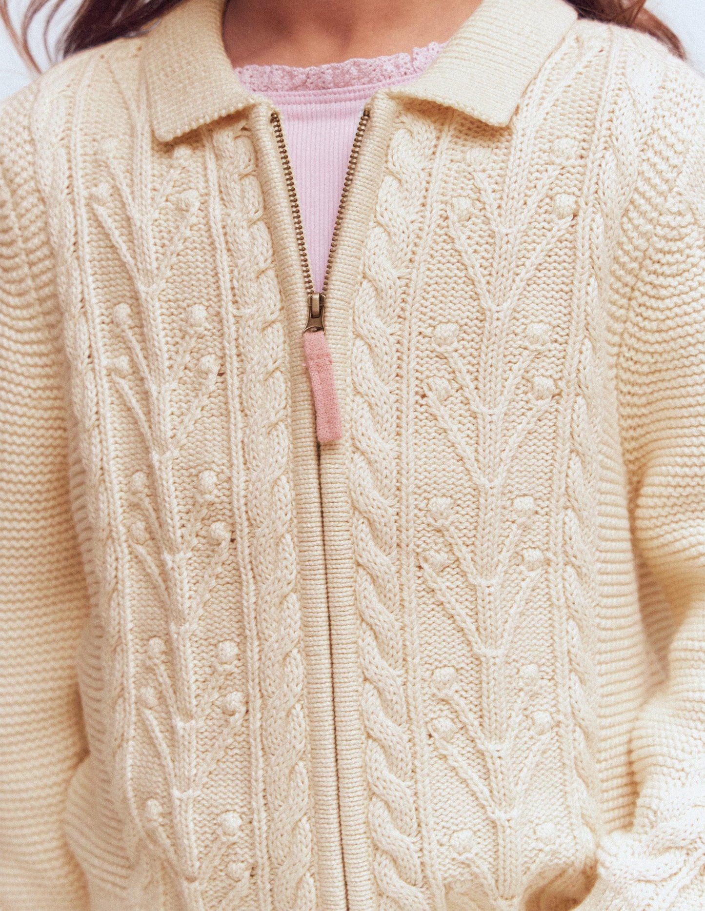 Collared Cable Zip-up-Ecru Marl