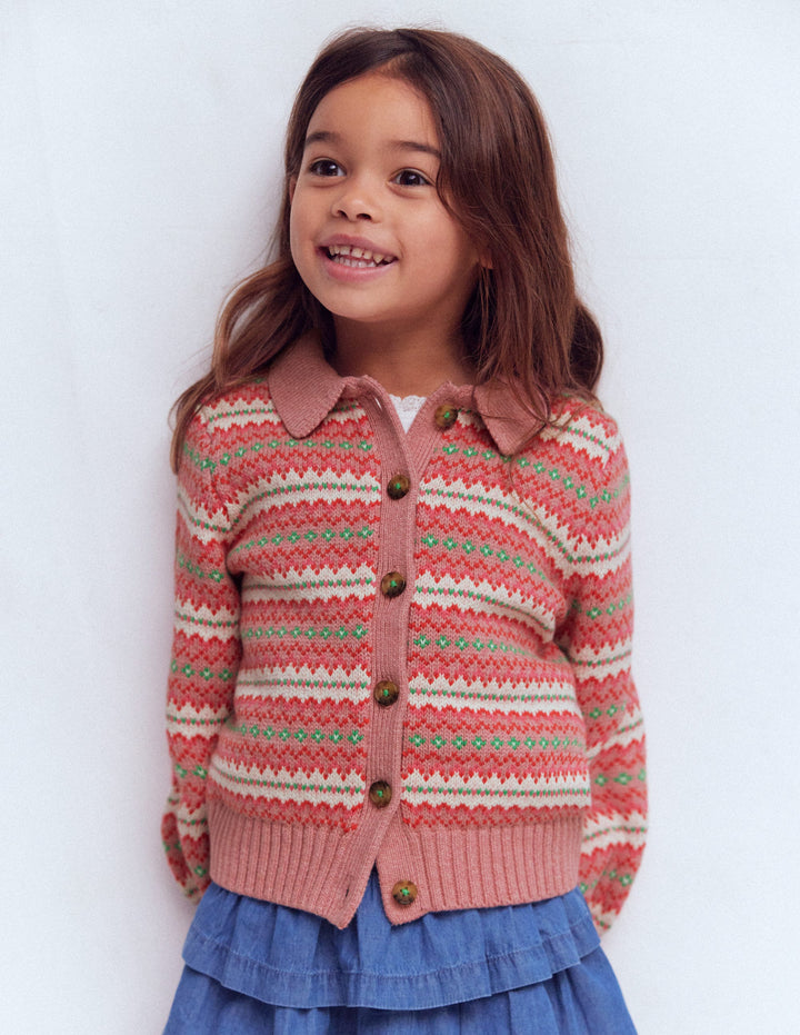 Collared Fair Isle Cardigan-Vintage Pink