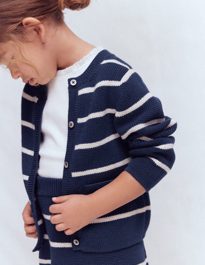 Crew Neck Knitted Jacket-College Navy/Soft Ivory Stripe-2