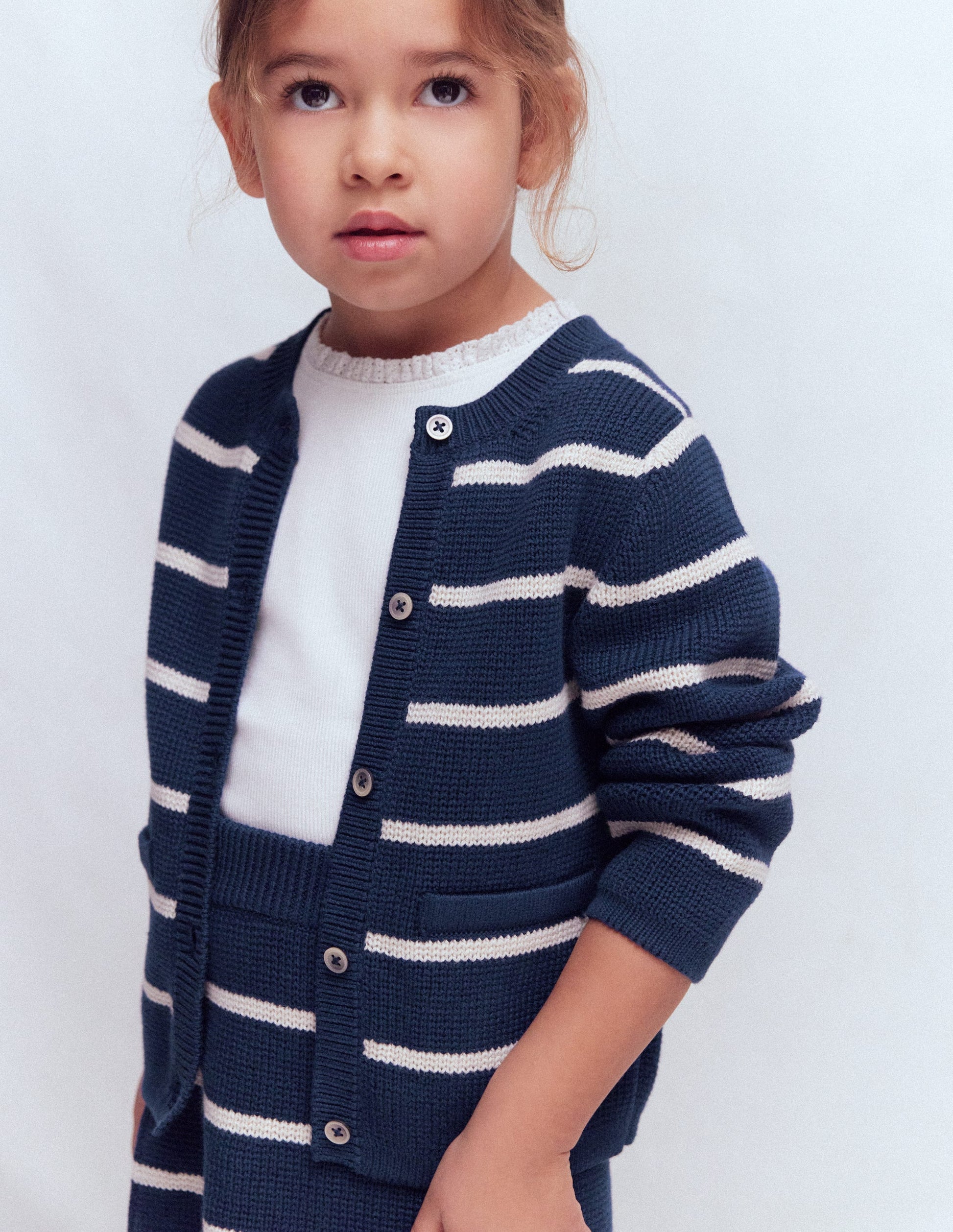 Crew Neck Knitted Jacket-College Navy/Soft Ivory Stripe-3