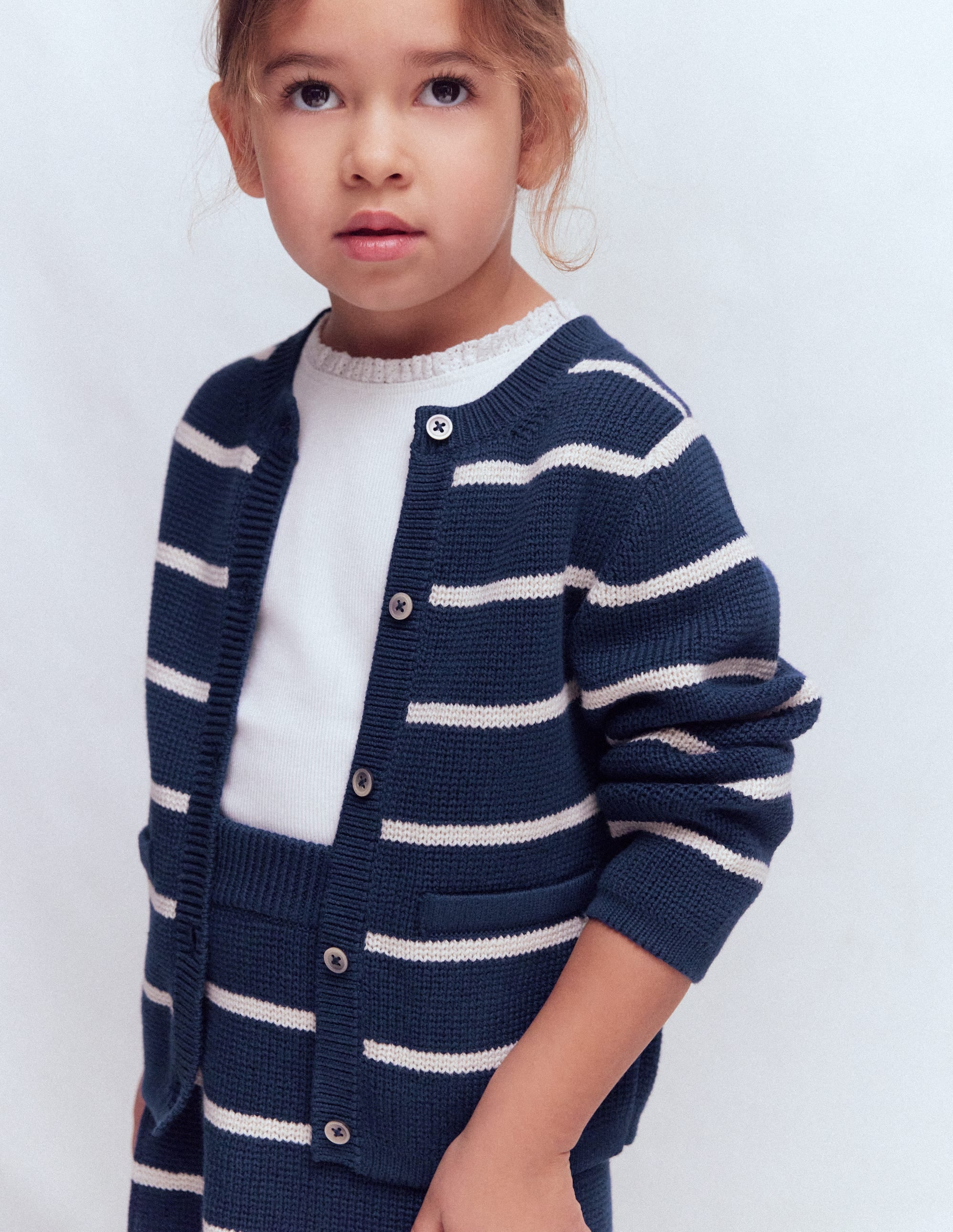 Crew Neck Knitted Jacket-College Navy/Soft Ivory Stripe - Image 2
