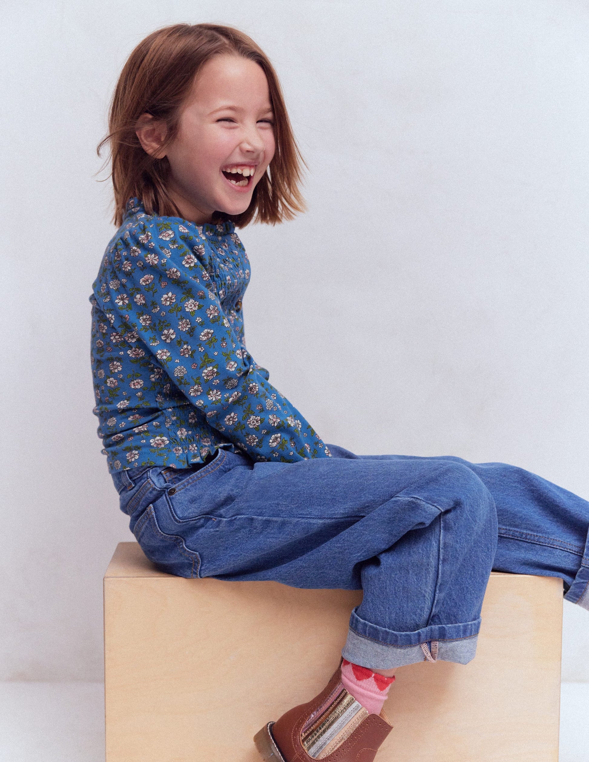 Smocked Jersey Blouse-Delft Garden Flower-1