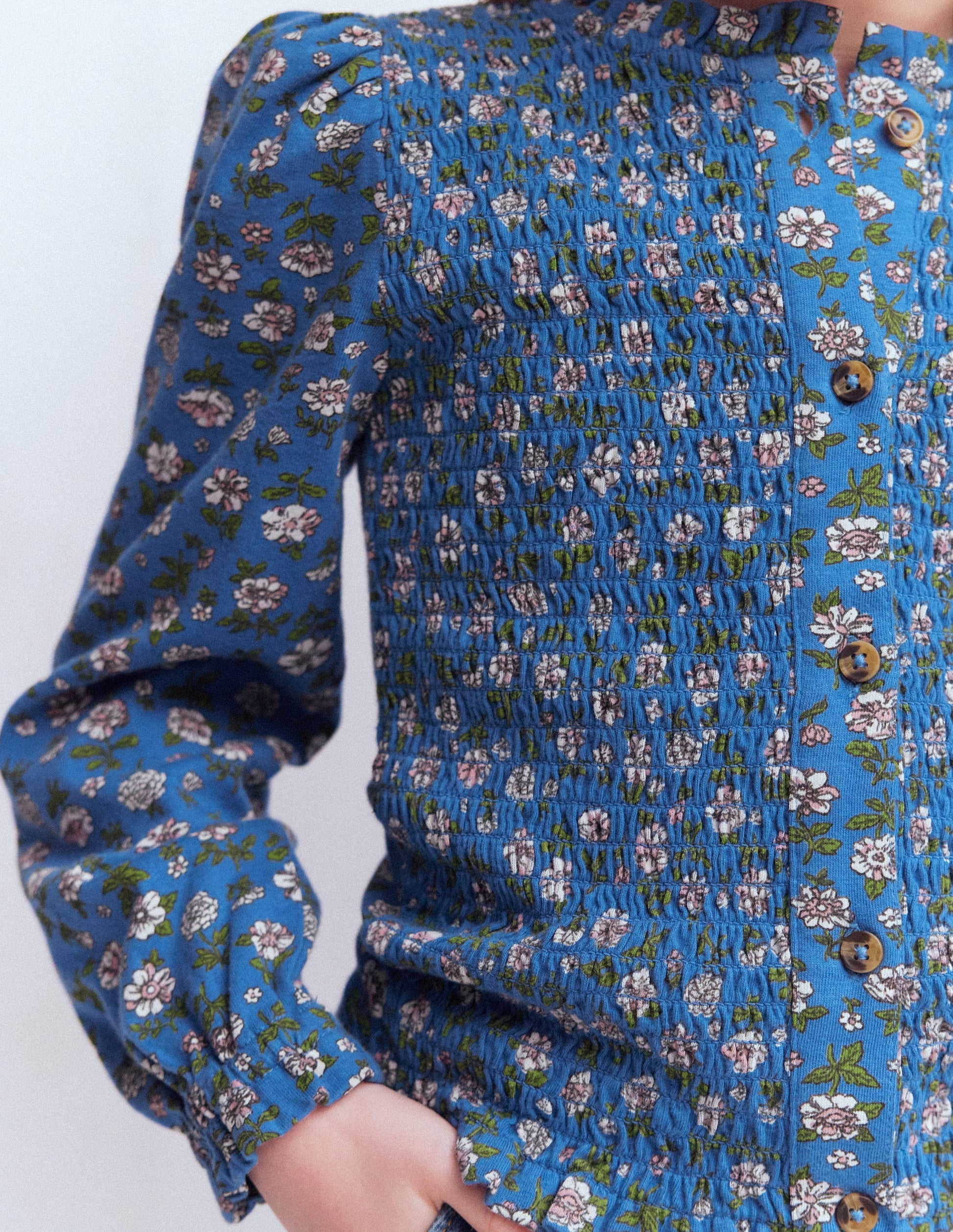 Smocked Jersey Blouse-Delft Garden Flower-3