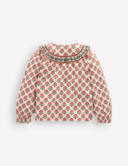 Frill Yoke Blouse-Woodlblock Flower-3