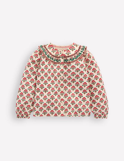 Frill Yoke Blouse-Woodlblock Flower-2