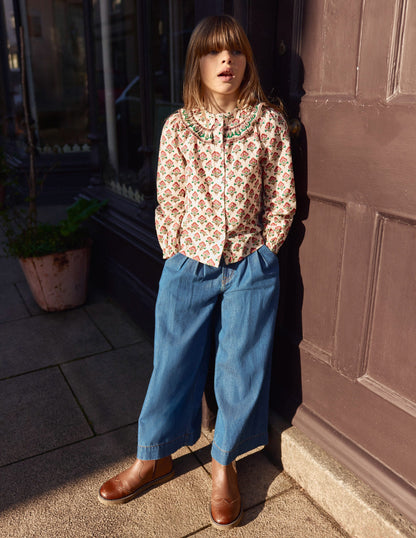 Frill Yoke Blouse-Woodlblock Flower-1