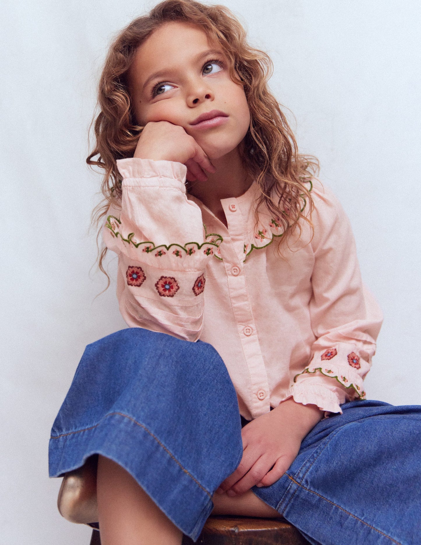 Frill Yoke Blouse-Lotus Embroidery