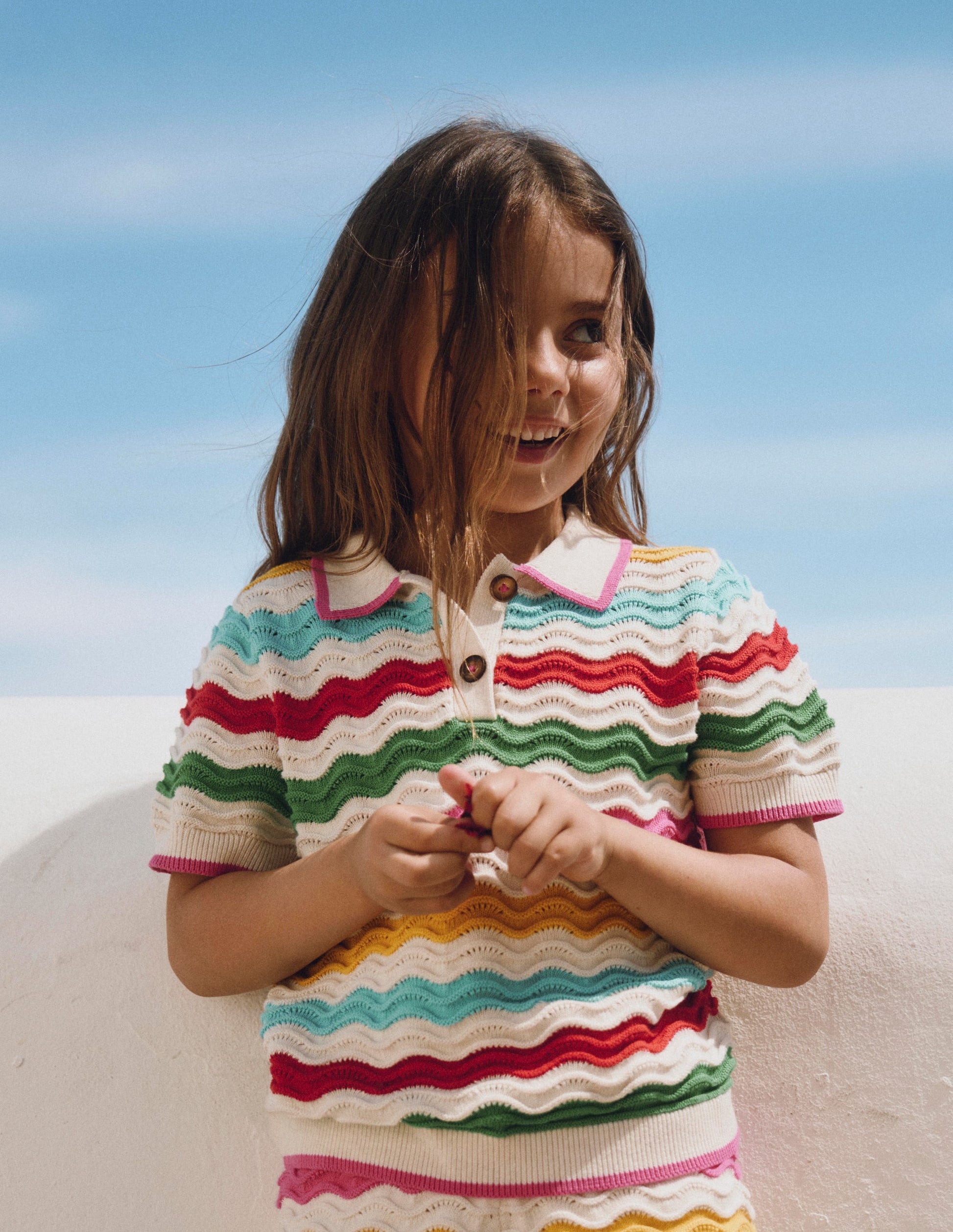 Pointelle Knitted Polo Top-Ecru Marl Multi Wave-4