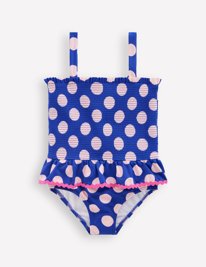 Peplum Smocked Swimsuit-Bright Blue Polka Dot