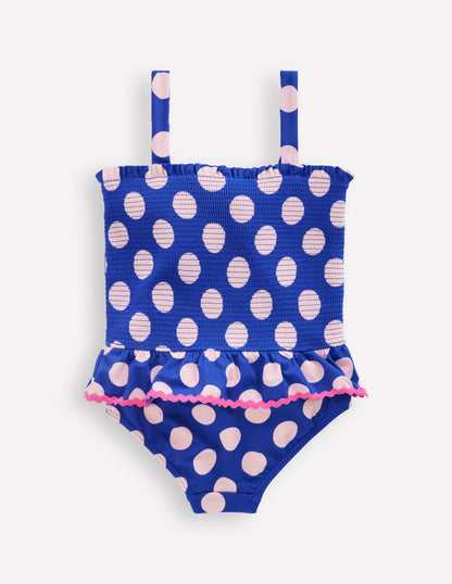 Peplum Smocked Swimsuit-Bright Blue Polka Dot-2