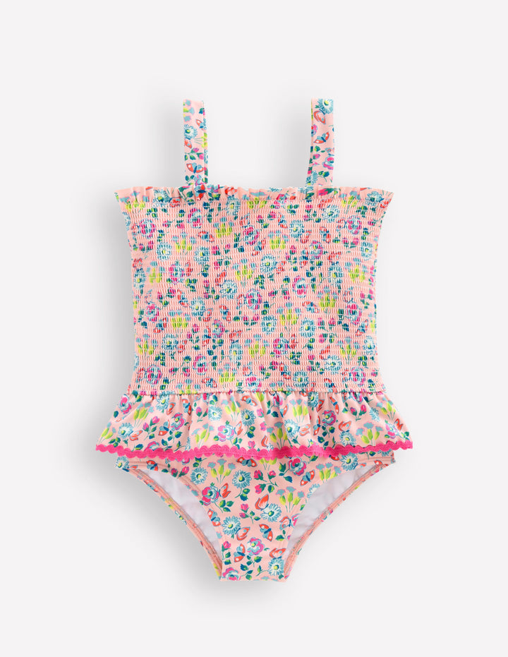 Peplum Smocked Swimsuit-Chalk Pink Butterfly Floral