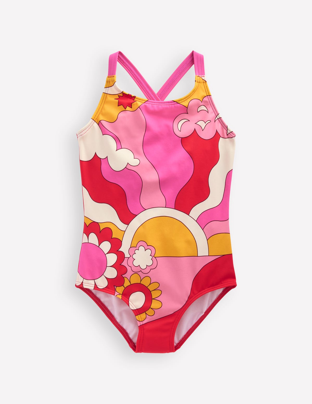 Cross-Back Printed Swimsuit-Cinnamon Red Sixties Sunrise - Image 1