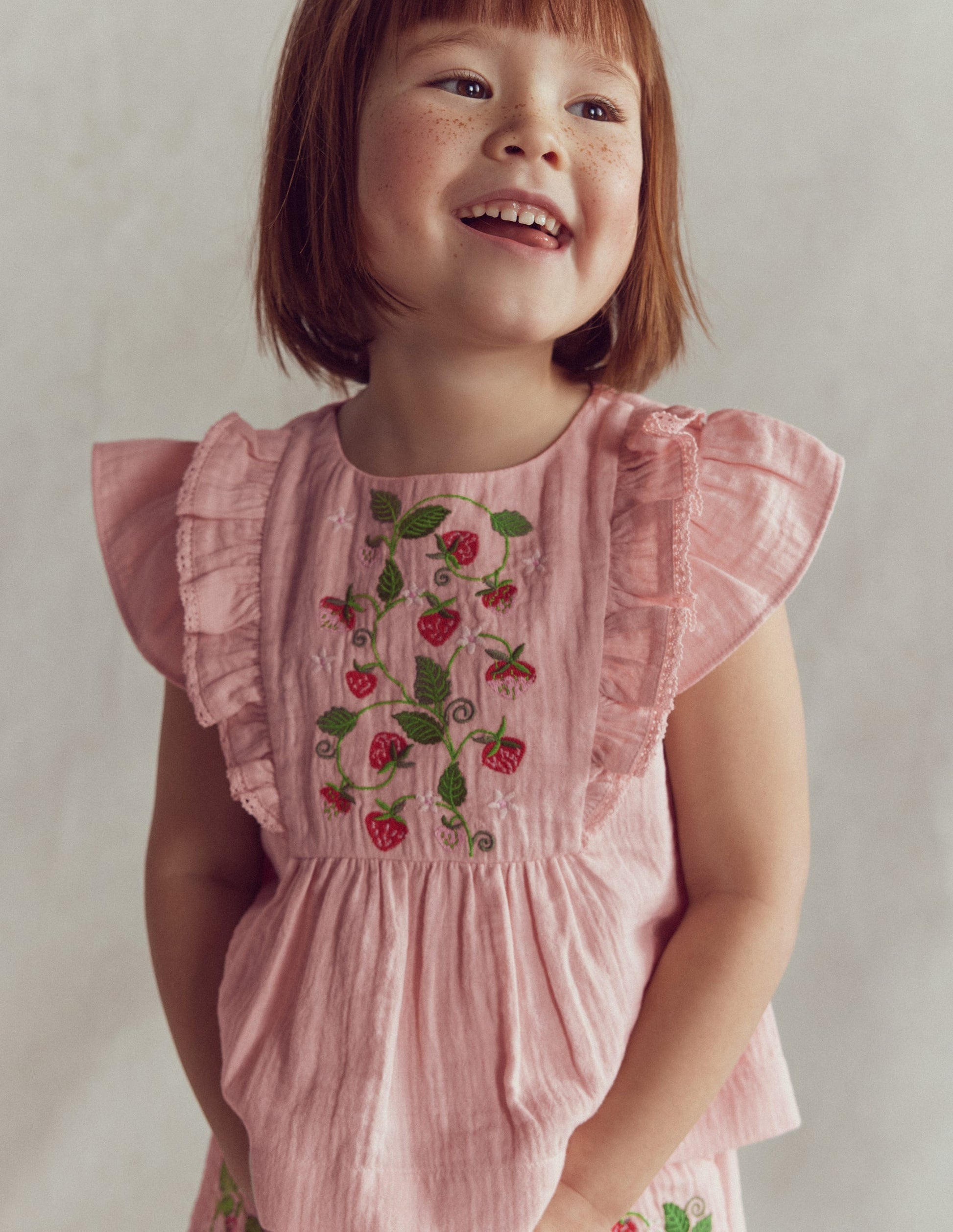 Embroidered Frilly Woven Top-Lotus Strawberries-1