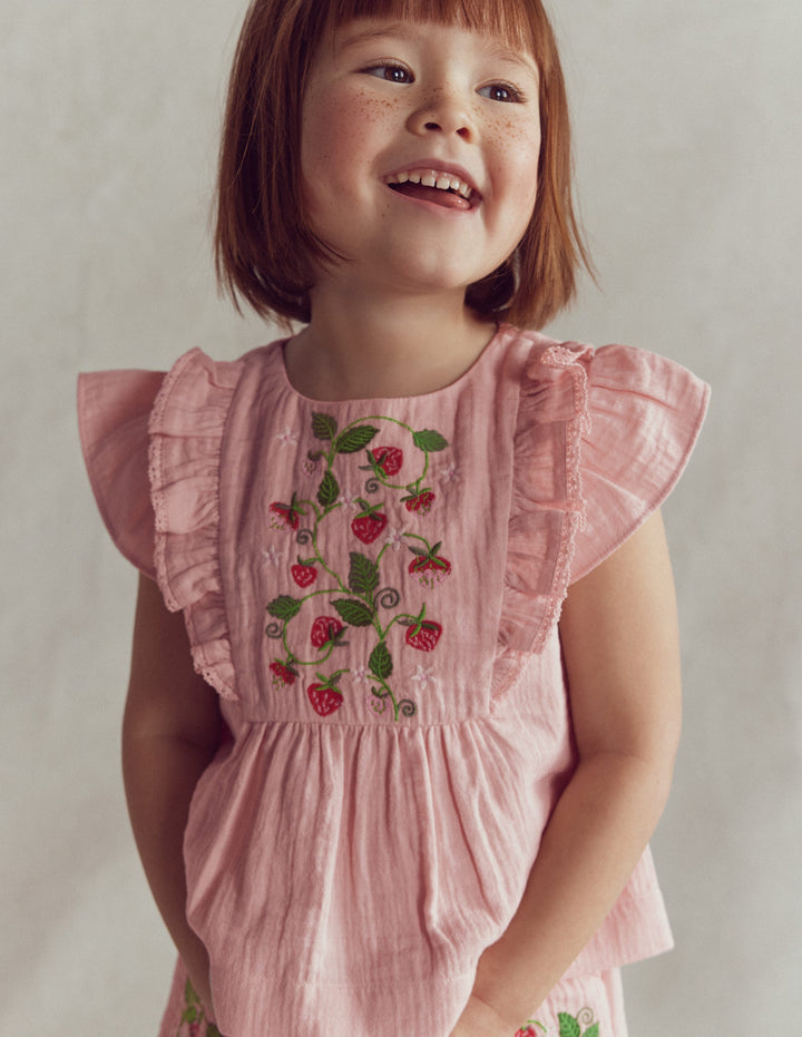 Embroidered Frilly Woven Top-Lotus Strawberries