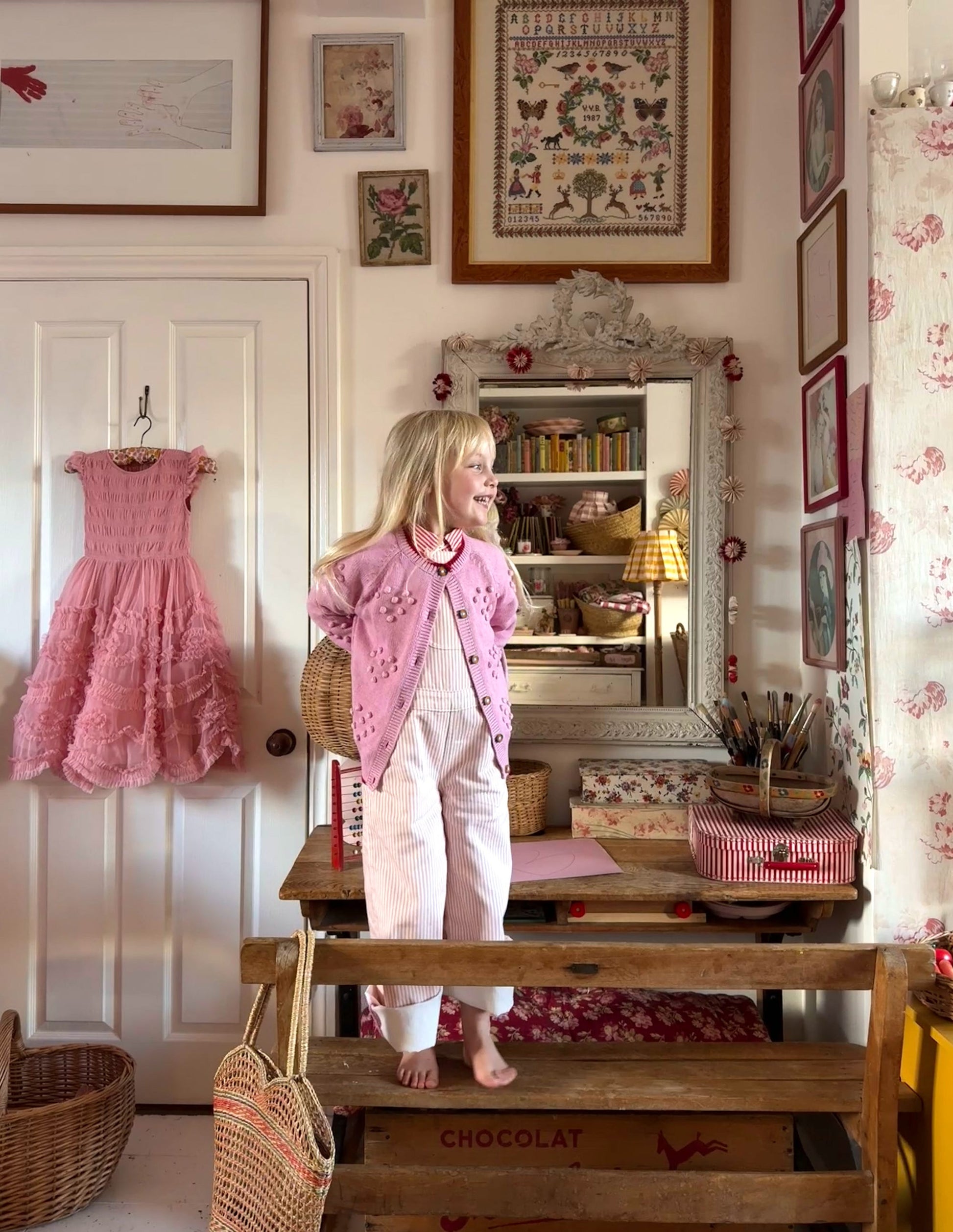 Wide Leg Dungaree-Pink Ticking Stripe-4