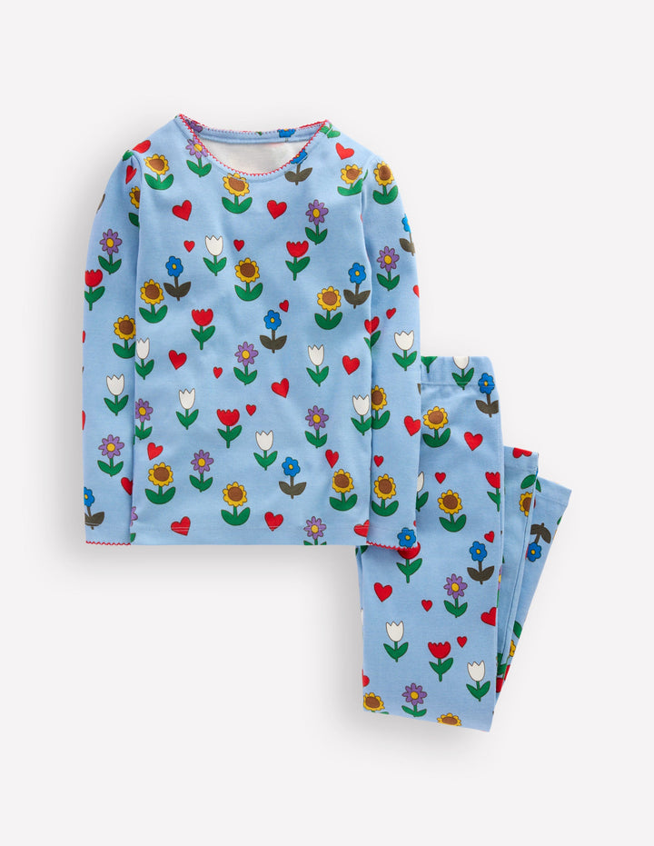Snug Long John Pyjamas-Glacier Blue Sunflower Garden