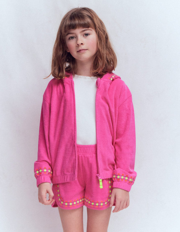 Towelling Embroidered Shorts-Sorbet Pink Embroidery