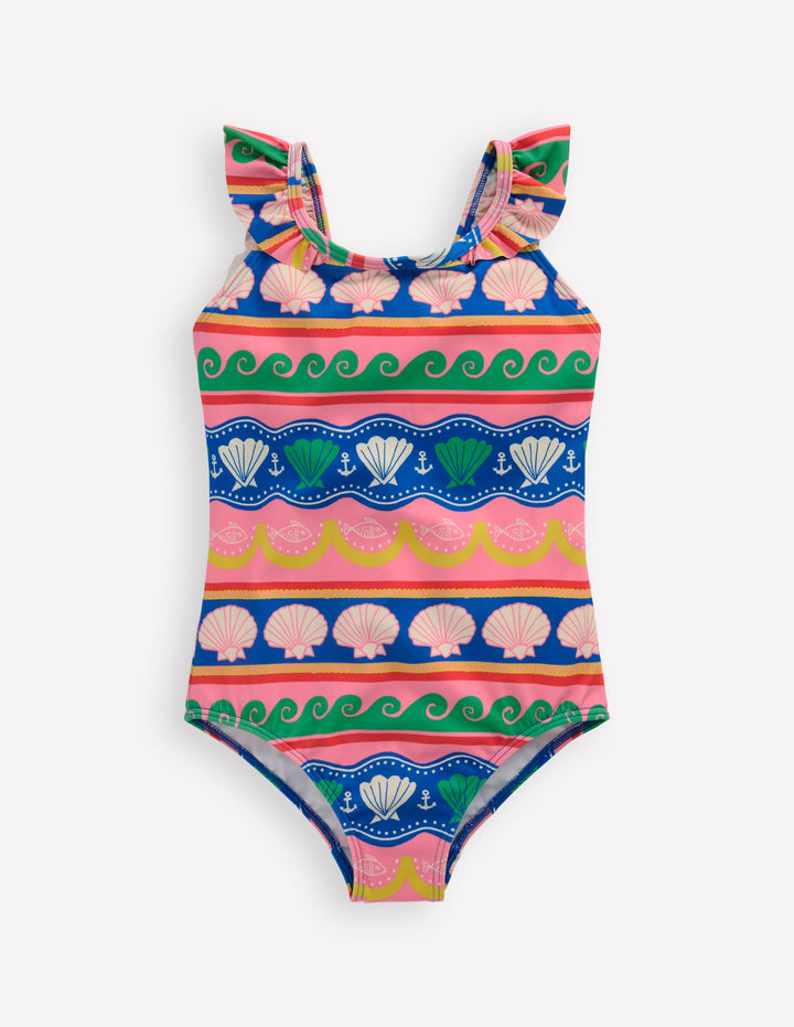Hallie Frill Strap Swimsuit-Multi Sea Shell Stripe