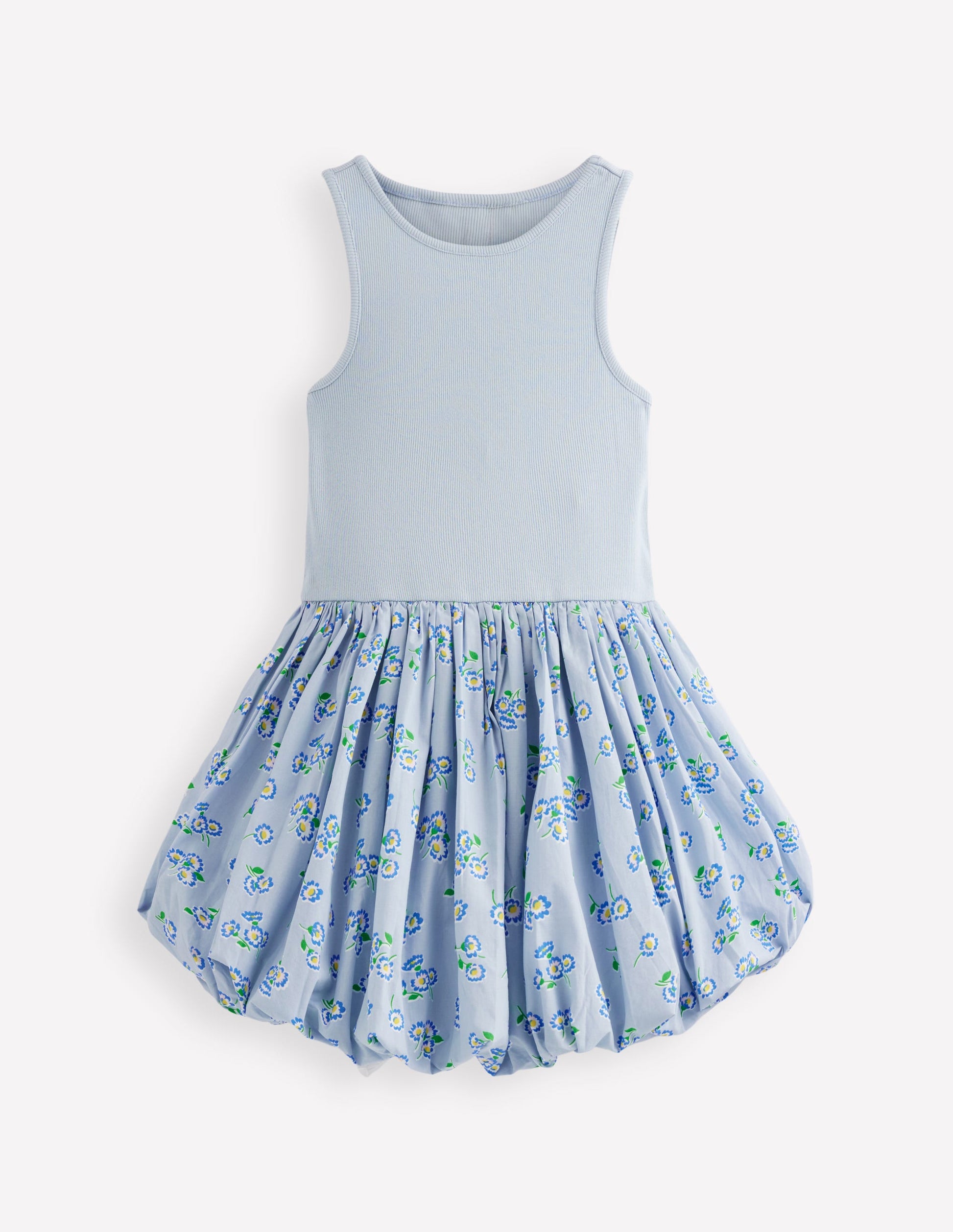 Bubble Hem Rib Dress-Misty Blue Daisy-1