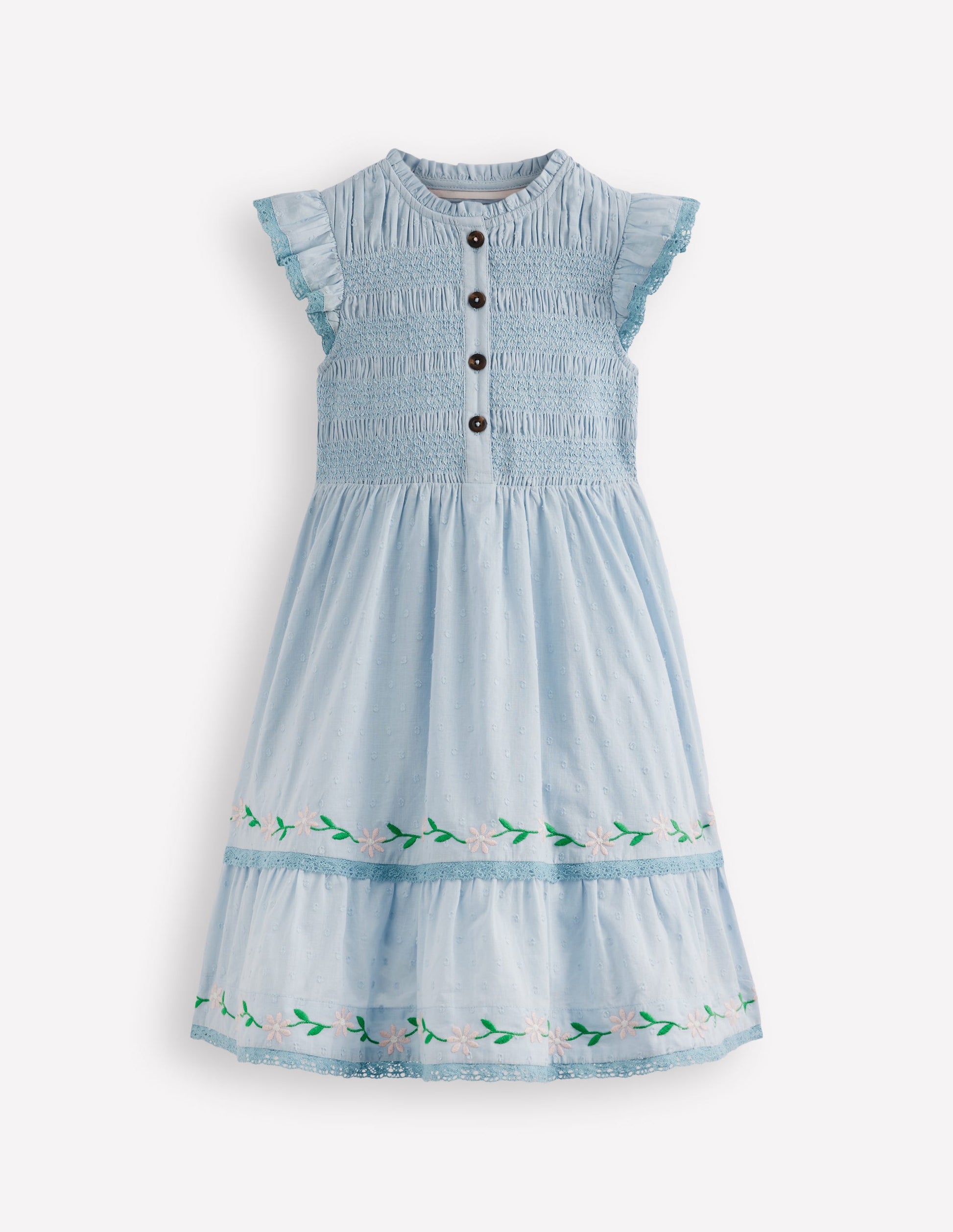 Shirred Bodice Midi Dress-Misty Blue-1