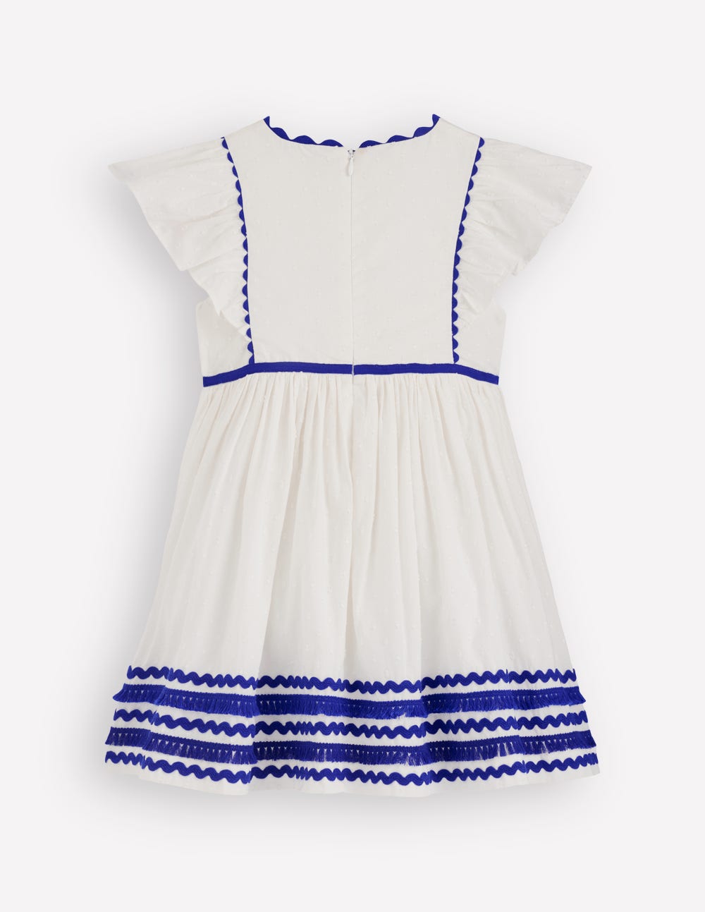 Flutter Sleeve Ric Rac Dress-Soft Ivory/ Bright Blue-3