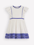Flutter Sleeve Ric Rac Dress-Soft Ivory/ Bright Blue