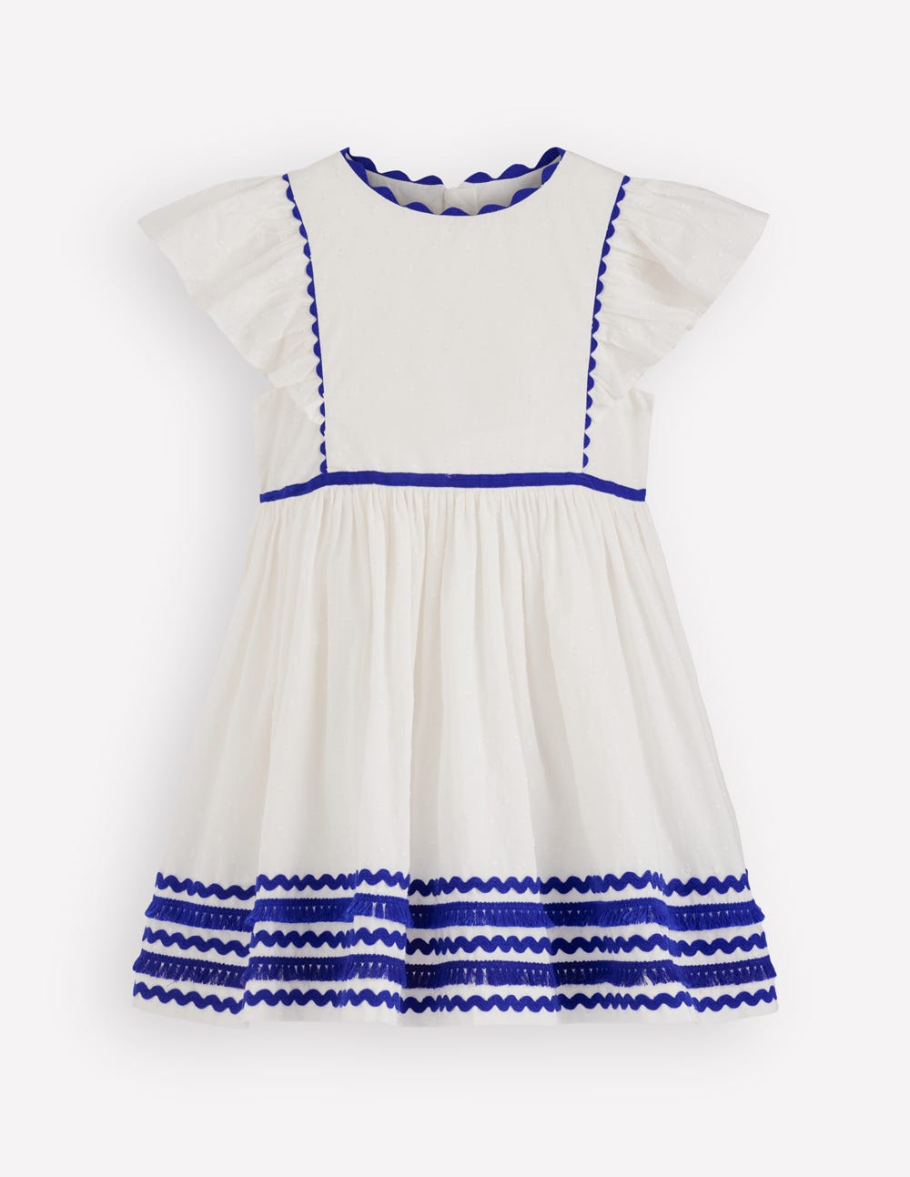 Flutter Sleeve Ric Rac Dress-Soft Ivory/ Bright Blue - Image 1