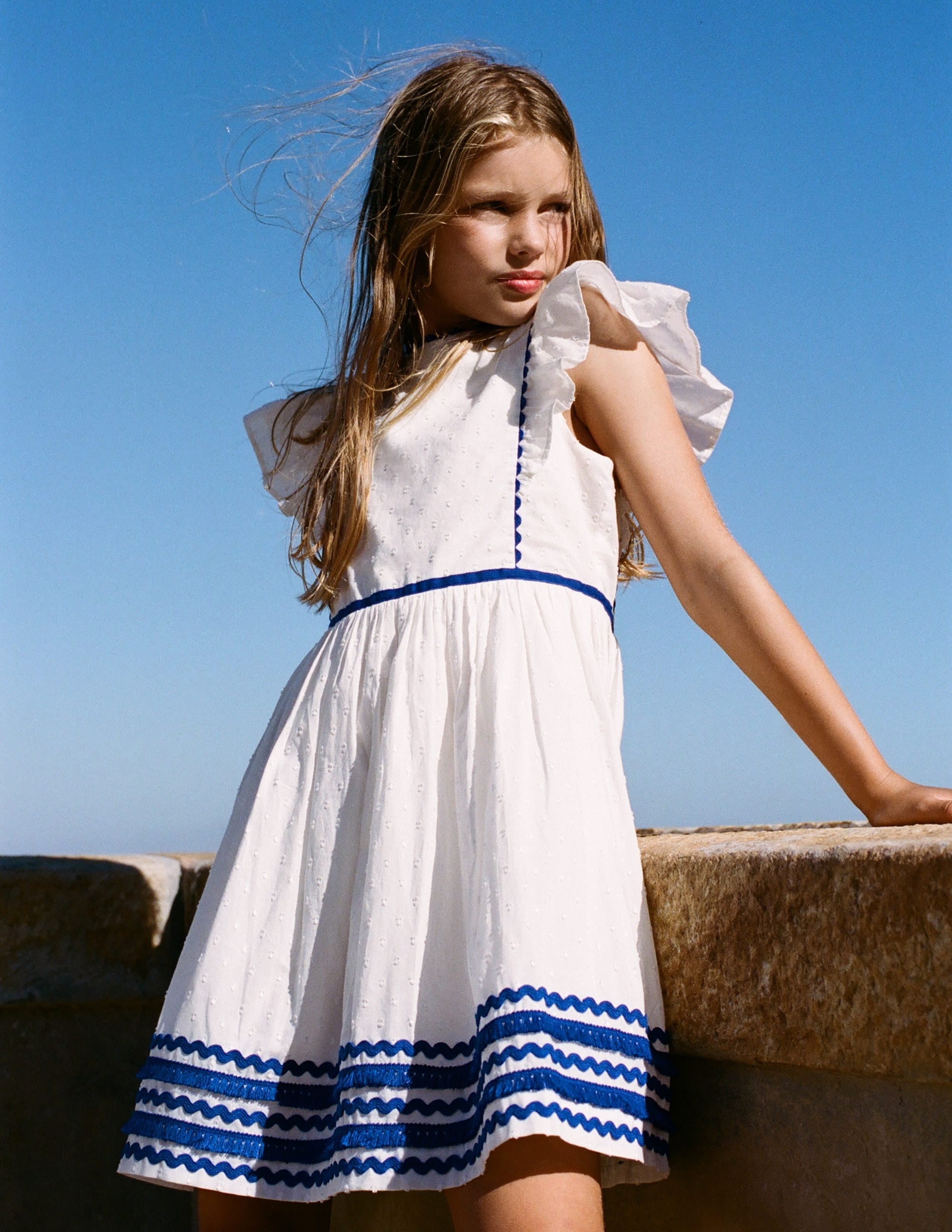 Flutter Sleeve Ric Rac Dress-Soft Ivory/ Bright Blue - Image 4