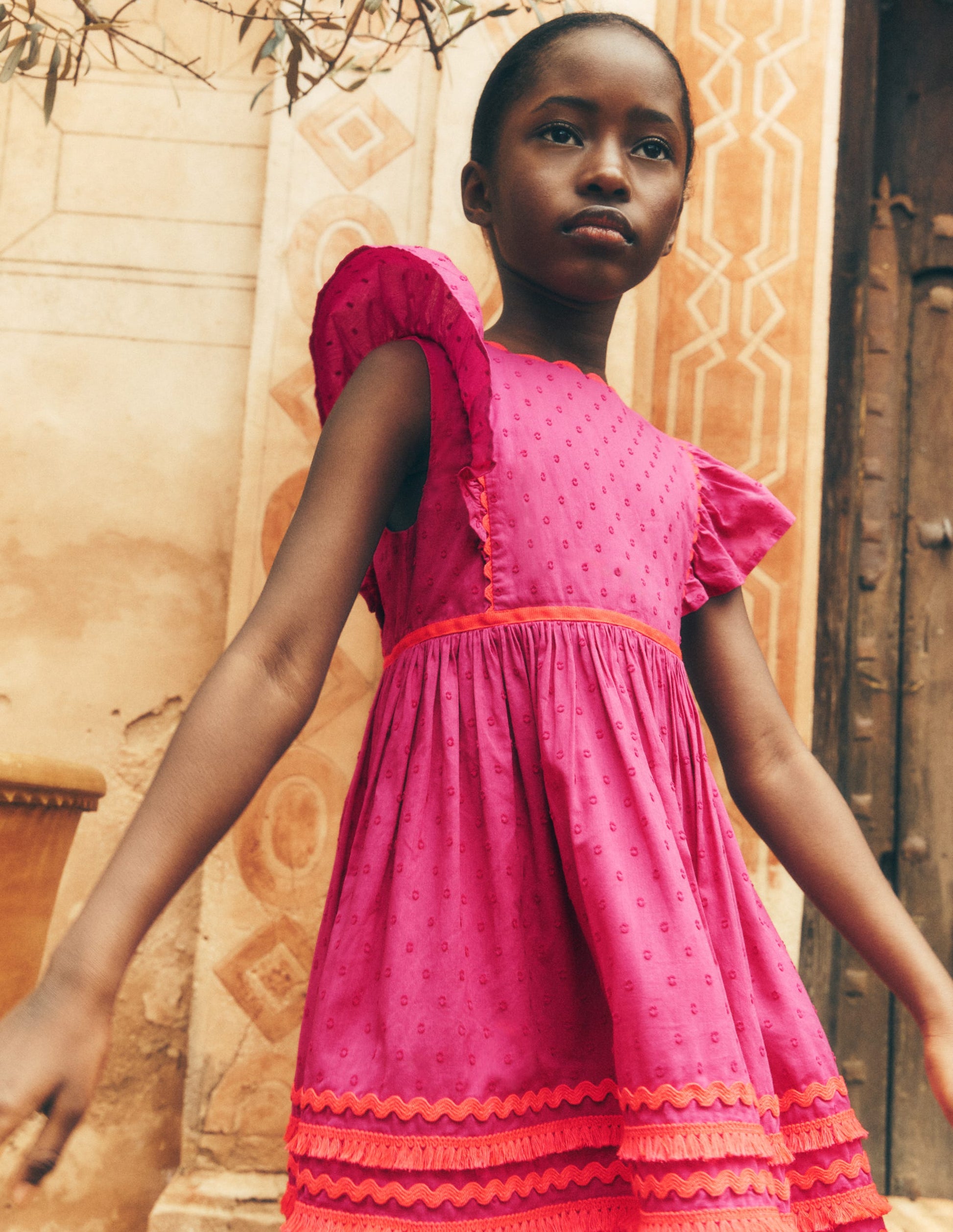Flutter Sleeve Ric Rac Dress-Bright Pink-4