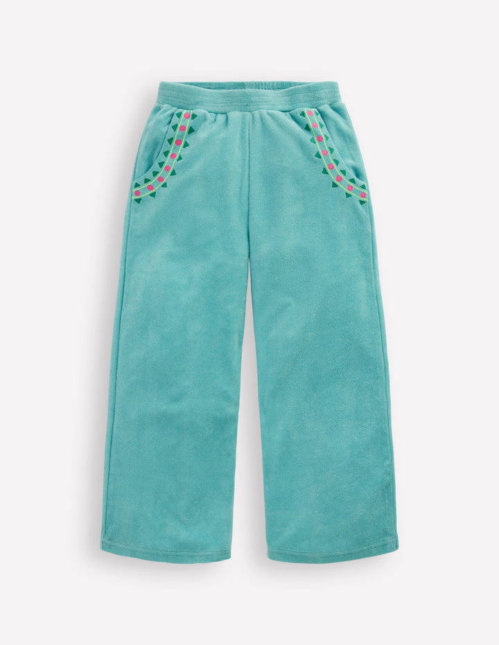 Straight Towelling Trousers-Blue Embroidery