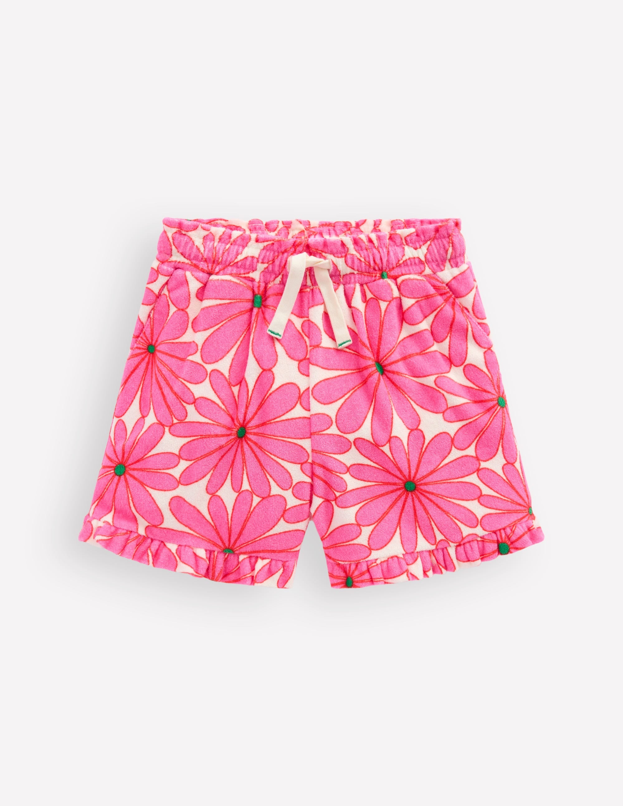 Towelling Ruffle Shorts-Festival Pink Giant Daisy - Image 1
