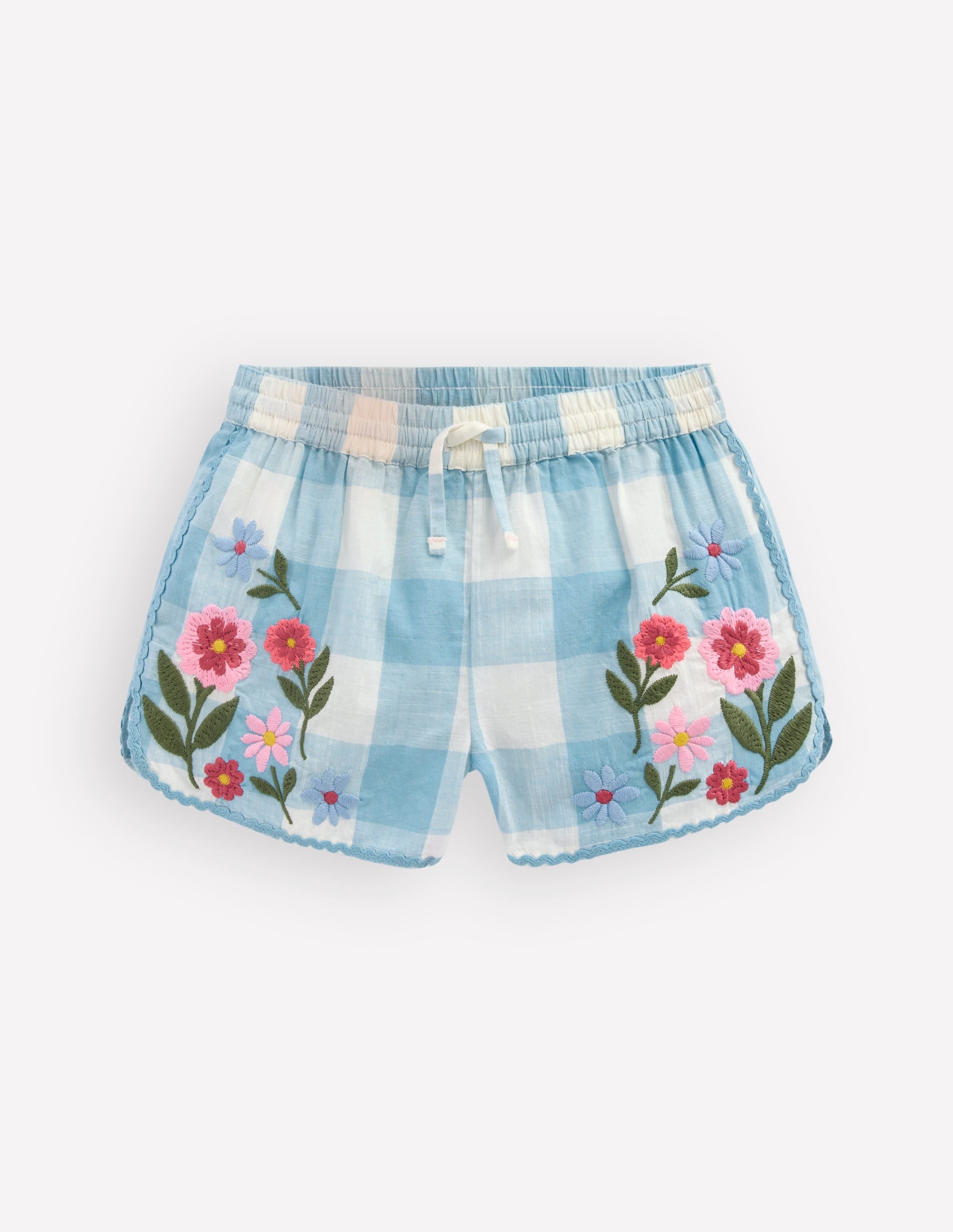 Pull-on Woven Shorts-Blue Gingham Embroidery - Image 1