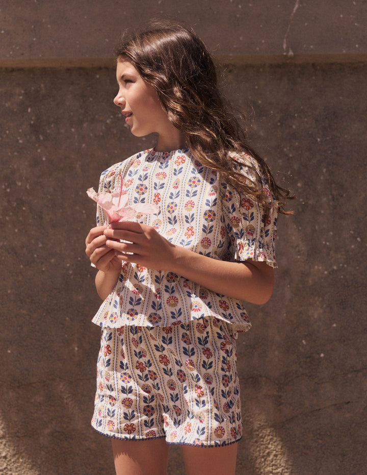 Pull-on Holiday Shorts-Ivory Floral Stripe