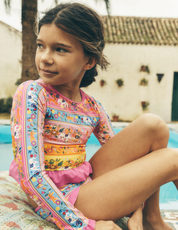 Long Sleeve Frill Set-Multi Tropical Animals