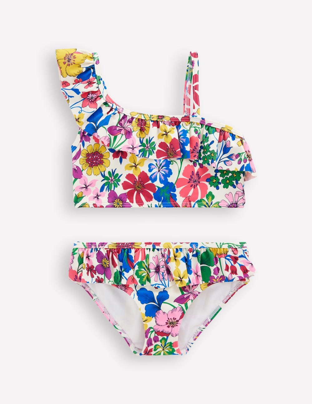 One Shoulder Frill Bikini Set-Multi Rainbow Floral-1