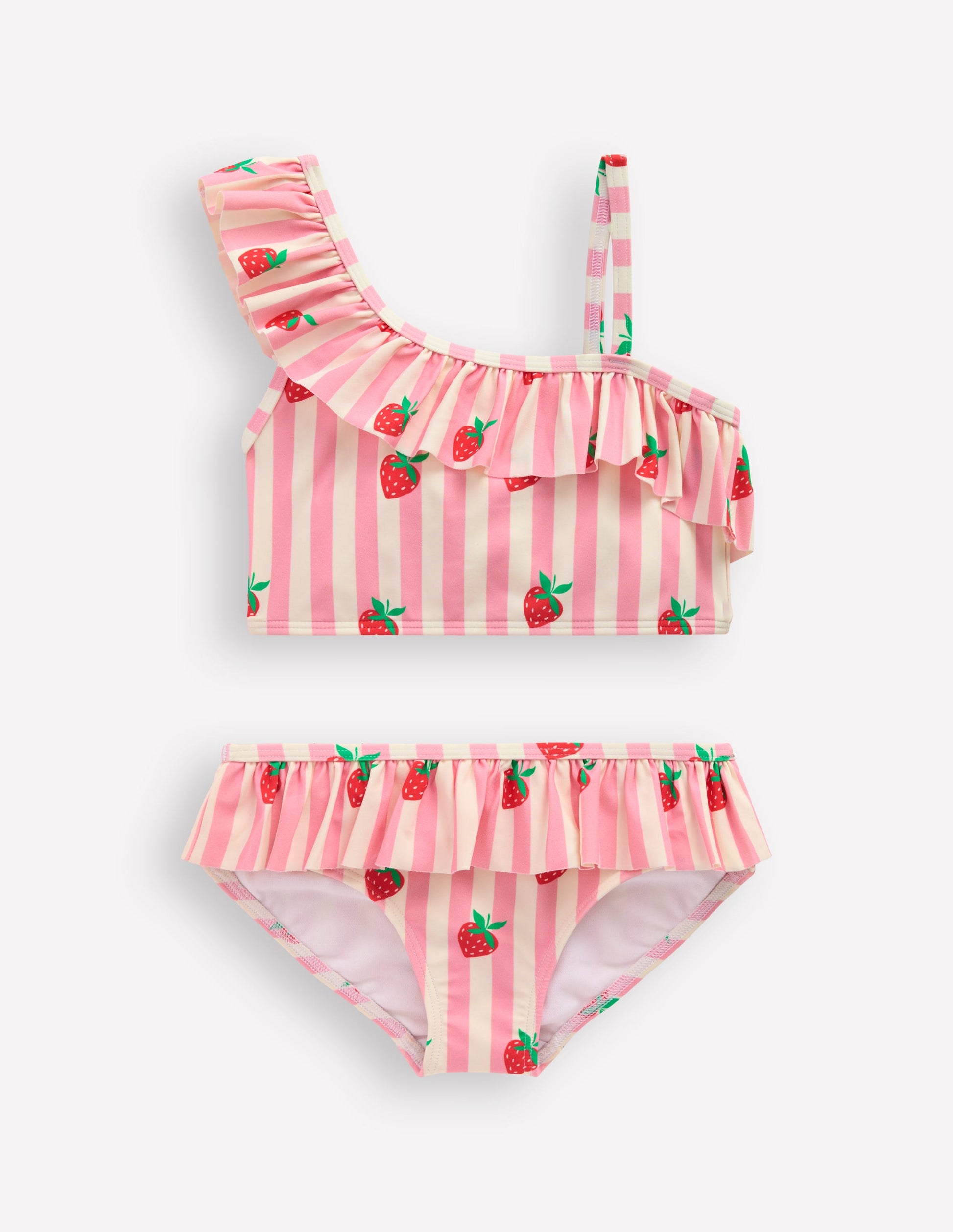 One Shoulder Frill Bikini Set-Pink strawberry stripe-1