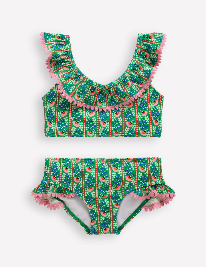 Frill V-neck Bikini Set-Bright green Floral Vine