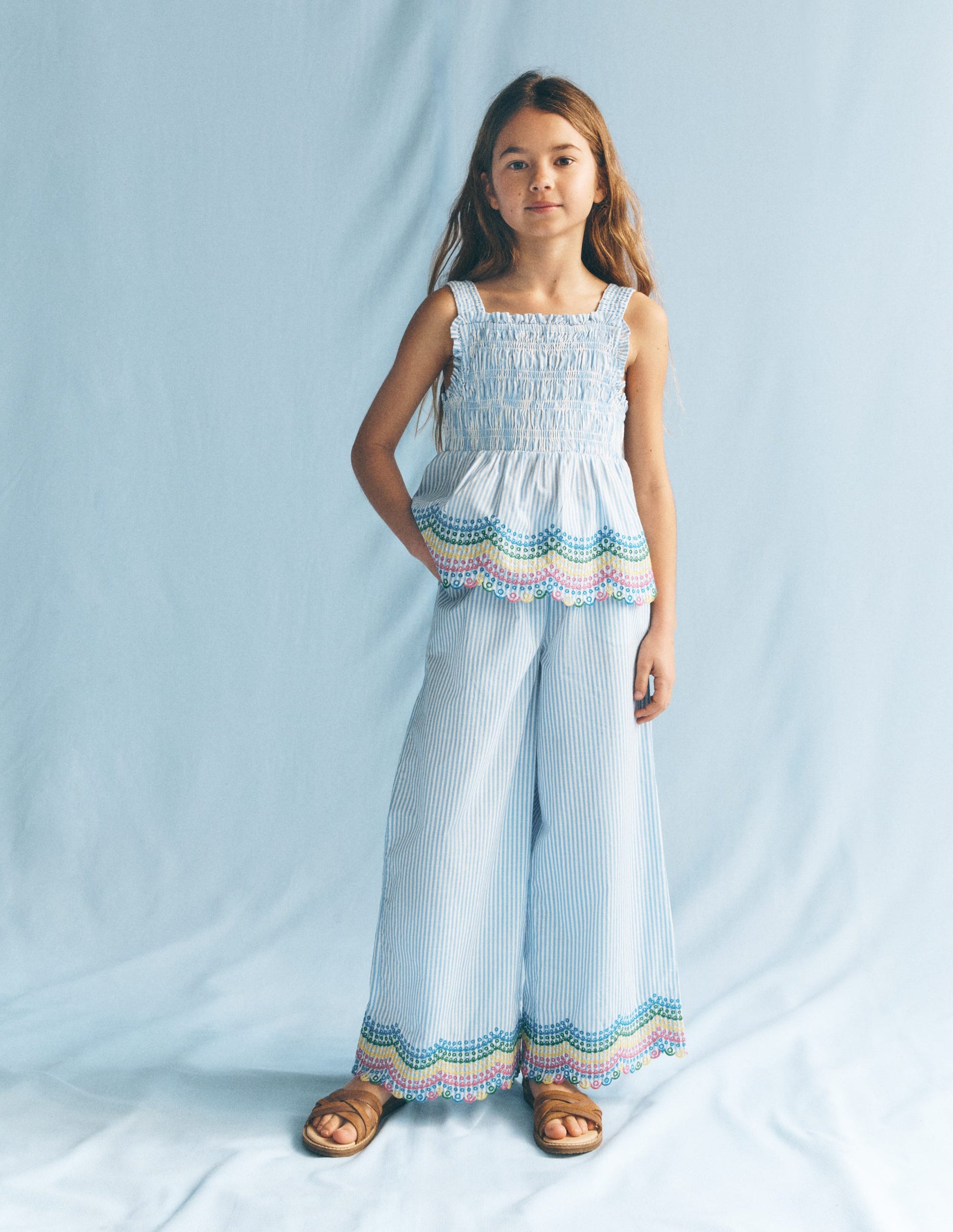 Scallop Hem Trousers-Blue Ticking Rainbow-1