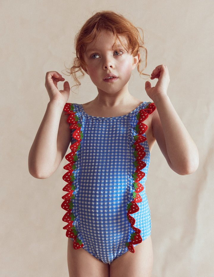 Flutter Trim Swimsuit-Glacier Blue Gingham