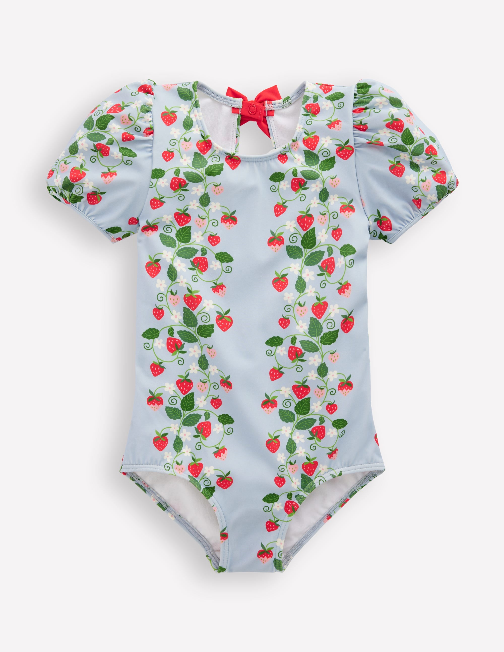 Puff Sleeve Swimsuit-Misty Blue Strawberry Vine - Image 1