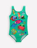 Scoop Back Appliqué Swimsuit-Aquamarine Blue Fish